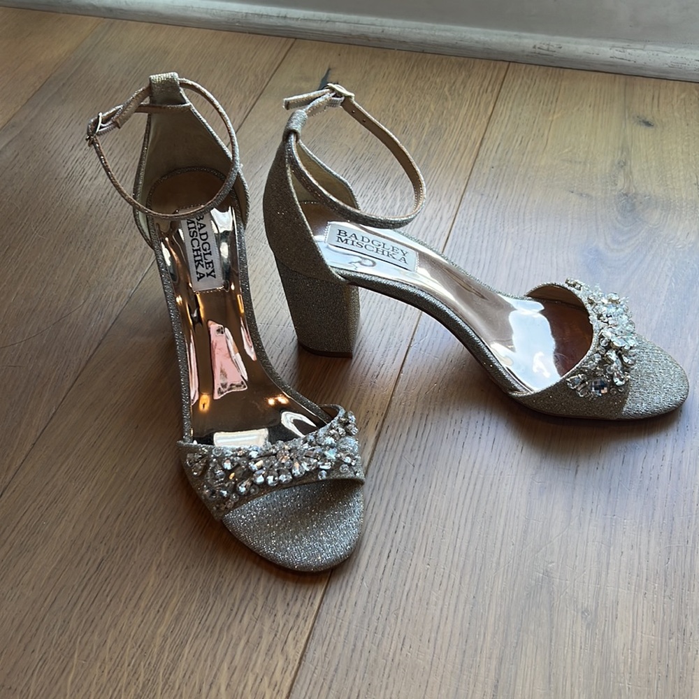 Badgley Mischka Silver Sparkle Beaded/Rhinestone Open-toed Block Heels